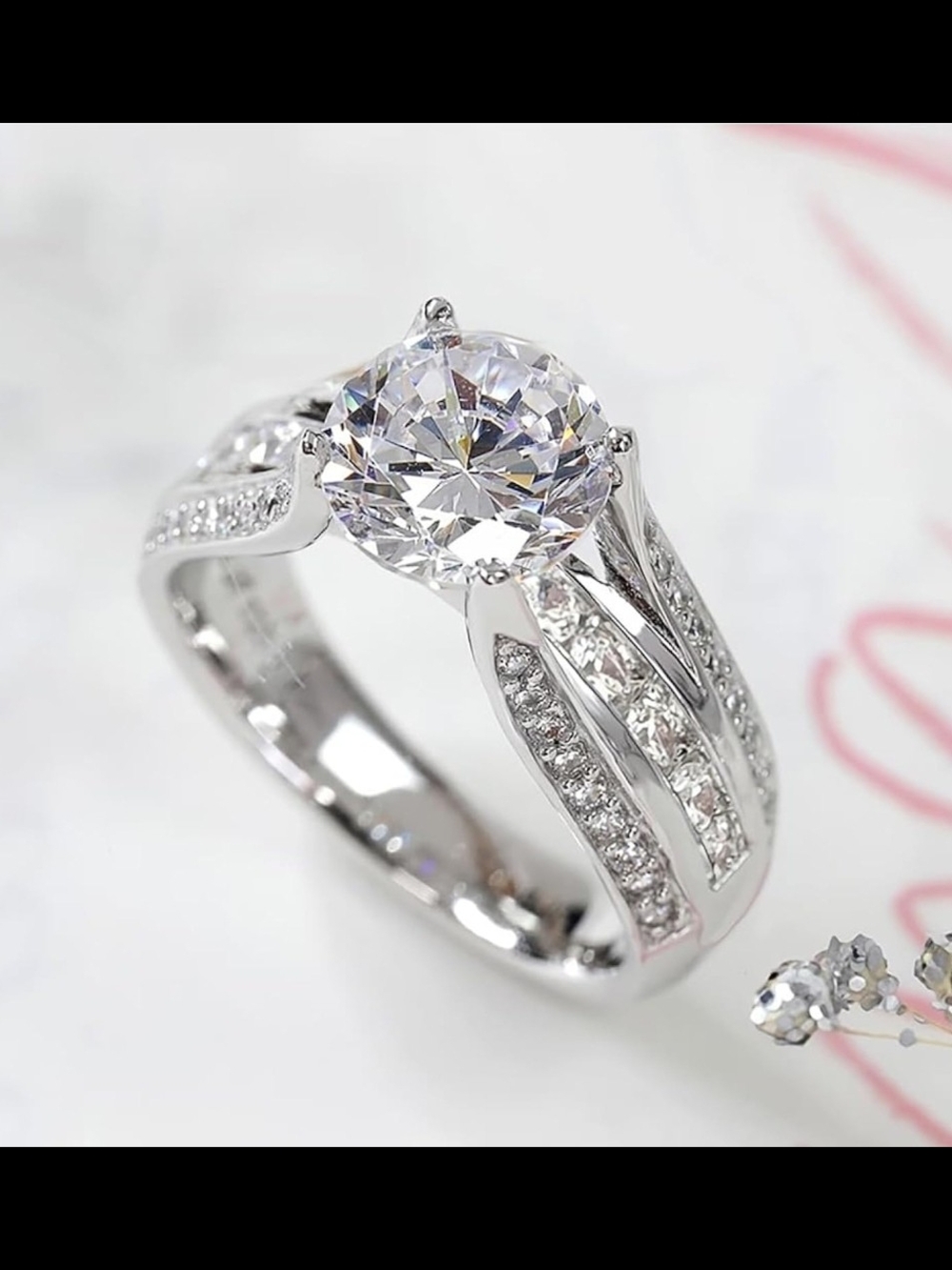 Classic Silver-Tone Round-Cut Solitaire Ring with Pave Accents